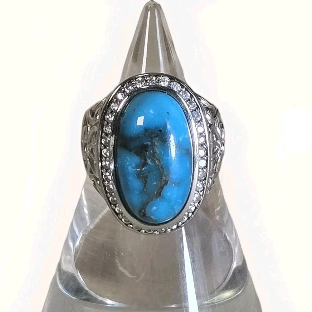 QVC Sterling Kingman Turquoise White Zircon Halo Silver Fillagree Ring Sz 8